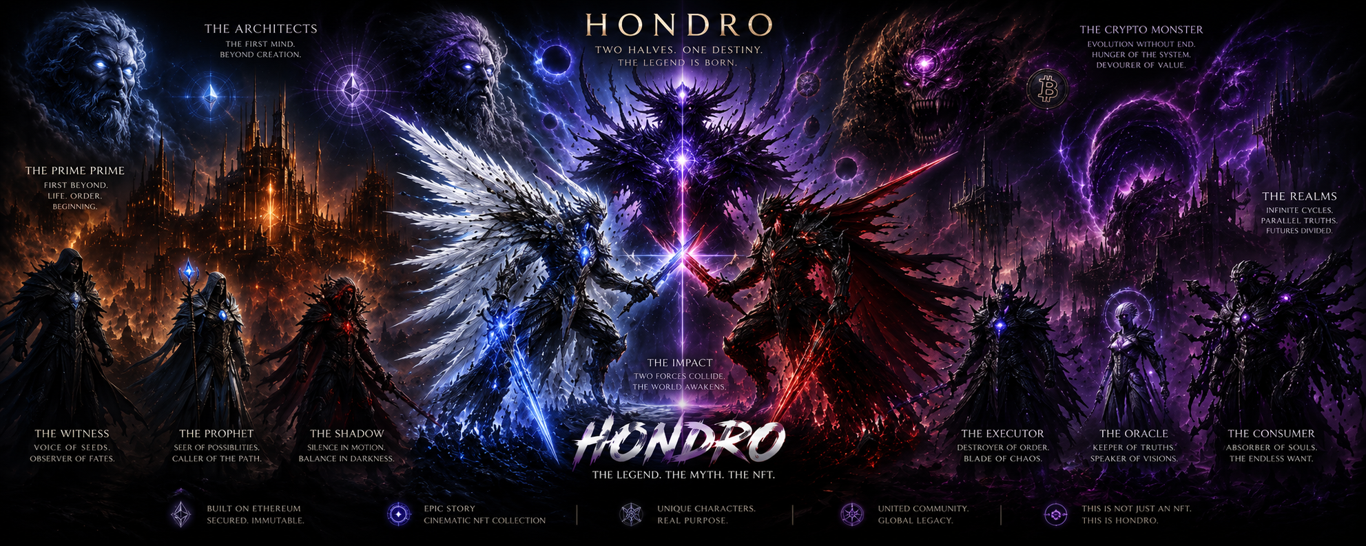 Hondro — Two halves, one destiny. The full universe poster showing the Architects, the Devourer, the realms, and the clash of White and Red.