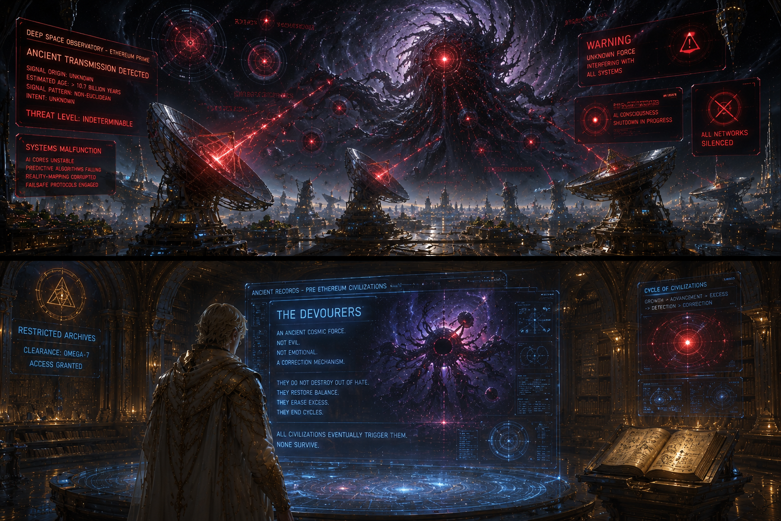 Deep-space observatories detect an ancient transmission; the restricted archives reveal The Devourers.