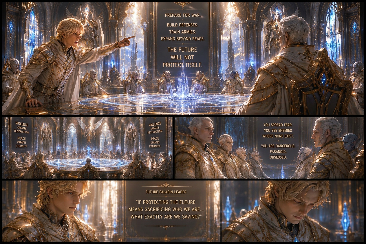 The mysterious Paladin confronts the council; the future Paladin Leader questions everything.