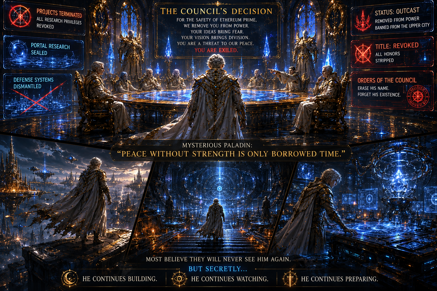 The mysterious Paladin is exiled by the council, then disappears beneath the city to build in secret.