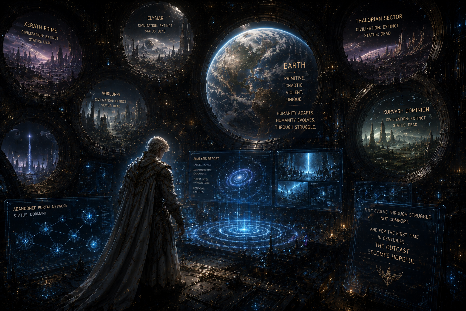 The Outcast studies dormant worlds linked by abandoned portals and discovers Earth among extinct civilizations.